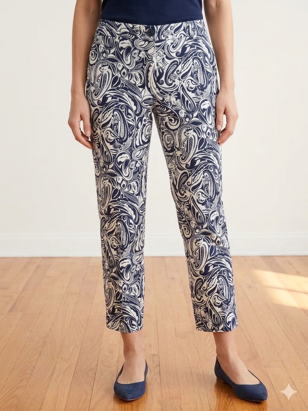 Talbots Navy White Paisley Perfect Crop Pants Cotton Blend